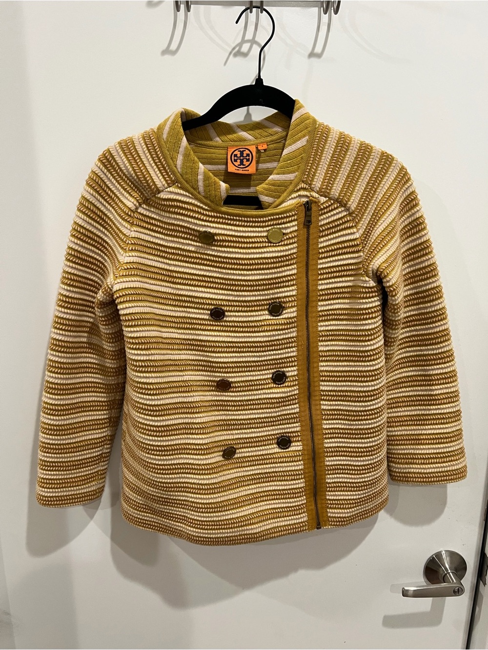 Tory Burch Mustard and Cream Striped Double-Breasted Knit Jacket
